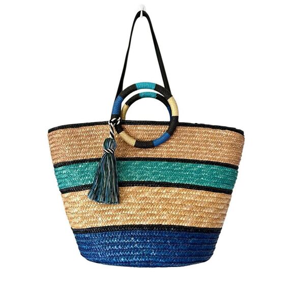 Rebecca Minkoff Woven Straw Tote Shoulder Bag Tan Blue Teal - Picture 4 of 15